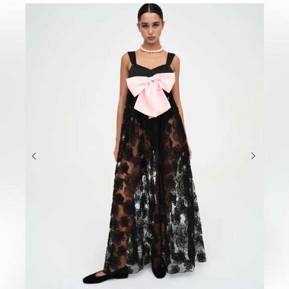 For Love & Lemons Leah Gown black rosette bodysuit baby doll dress bow NWT XS